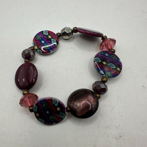 Colorful Beaded Stretch Bracelet With Mixed Patterns & Pink Accents - Picture 2 of 2